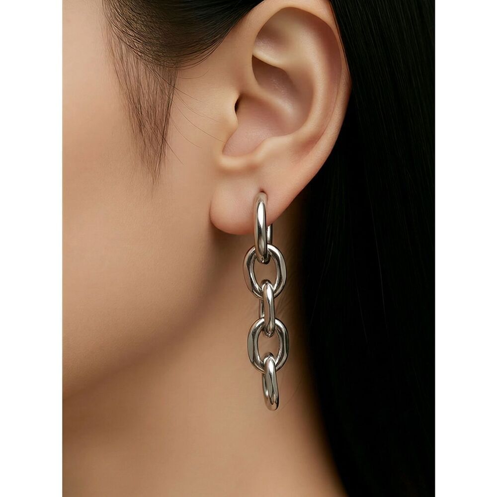 Silver Chain Link Earrings Stainless Steel Hoop Dangle Curb Link Drop Edgy Chic